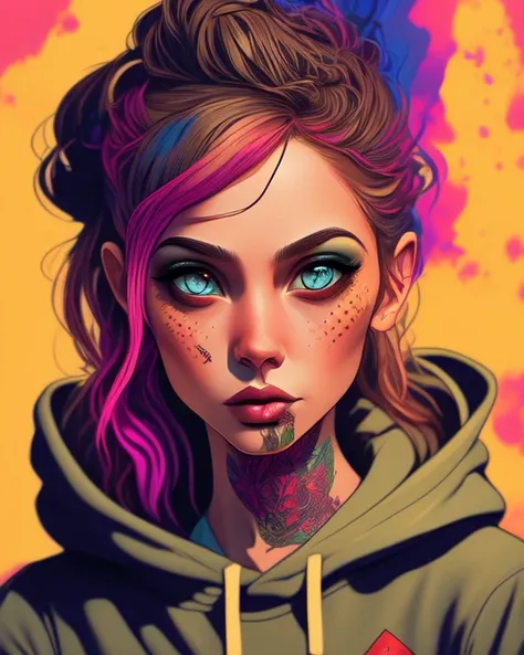 ink art, vector, girl  with dragon tatto , wearing a hoodie and a earphone, colorful background, highly detailed,  face-detail, detailed- eyes, photo from side, music album cover, slightly looking to camera,