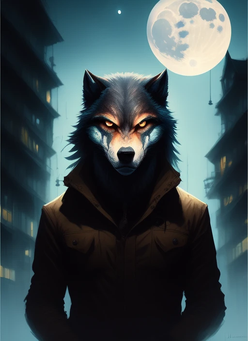 medium shoot portrait of a human werewolf standing in modern city , looking at camera , moonlight,  by Lucas Graciano, digital art, steve argyle, peter Mohrbacher, Davi Blight