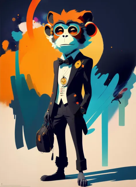 anthro furry humanoid monkey, three piece suit, checking watch,character concept design, painting, detailed, vivid, trending on artstation, 3d render Pixar stylemodel made of Hiroaki Takahashi art ultra perfect composition 3d liquid detailing fluid acrylic by Greg Tocchini, James Gilleard, Joe Fenton Kaethe, Butcher Bosch, Dan Mumford, Kandinsky art style [collage] [splatter] [streak] [crop] [cut]