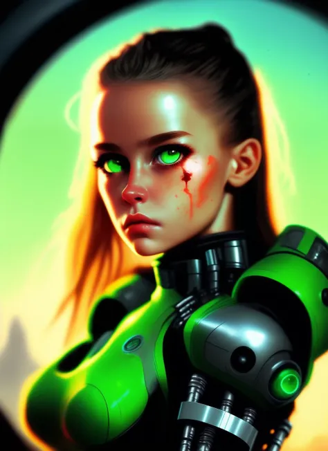 terminator czber girl with green eyes looking into the camer, magic foam planet in the background