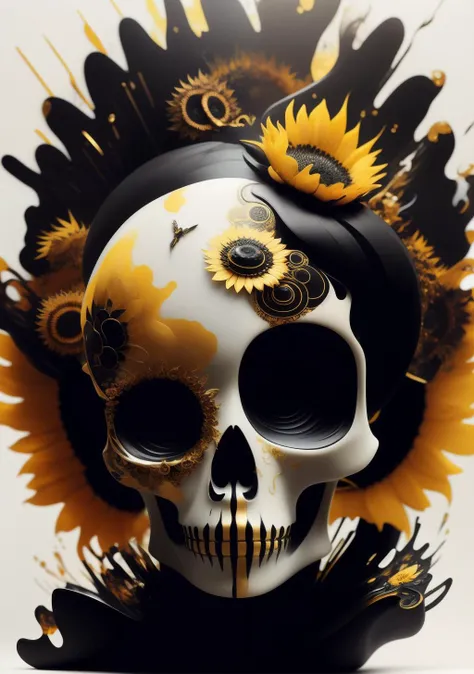 3/4 marble skull with gold filigree inlay surrounded by black sunflowers model made of Hiroaki Takahashi art ultra perfect composition 3d liquid detailing fluid acrylic by Greg Tocchini, James Gilleard, Joe Fenton Kaethe, Butcher Bosch, Dan Mumford, Kandinsky art style [collage] [splatter] [streak] [crop] [cut]