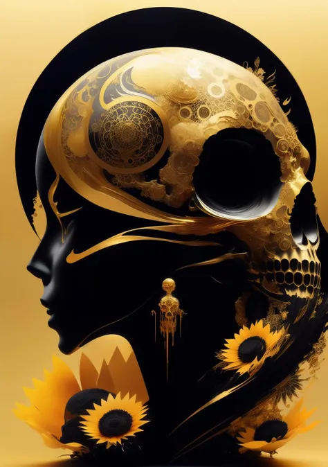 3/4 side view gold marble skull with gold filigree inlay surrounded by black sunflowers model made of Hiroaki Takahashi art ultra perfect composition 3d liquid detailing fluid acrylic by Greg Tocchini, James Gilleard, Joe Fenton Kaethe, Butcher Bosch, Dan Mumford, Kandinsky art style [collage] [splatter] [streak] [crop] [cut]