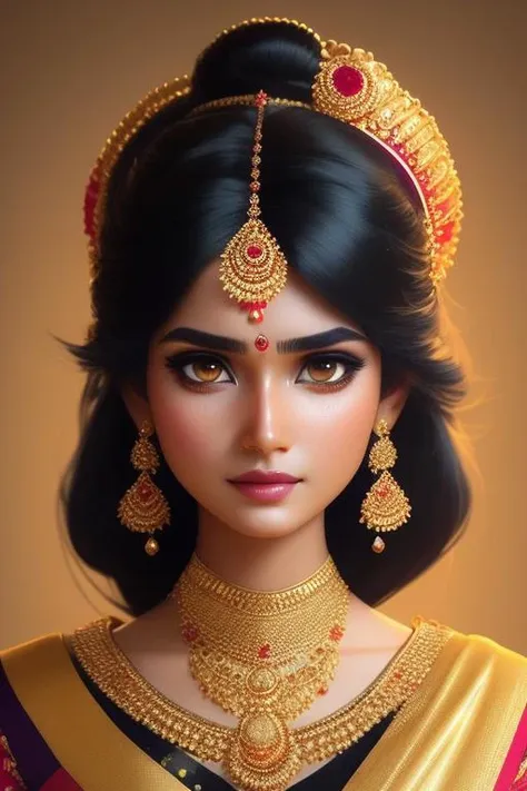 fullbody portrait of beautiful woman in indian saree with golden eyes, soft smile, black hair looking into the camera, perfect eyes, perfect round ruby placed perfectly between eyebrows, magic from planet in the background 3d render Pixar stylemodel made of Hiroaki Takahashi art ultra perfect composition 3d liquid detailing fluid acrylic by Greg Tocchini, James Gilleard, Joe Fenton Kaethe, Butcher Bosch, Dan Mumford, Kandinsky art style [collage] [splatter] [streak] [crop] [cut]