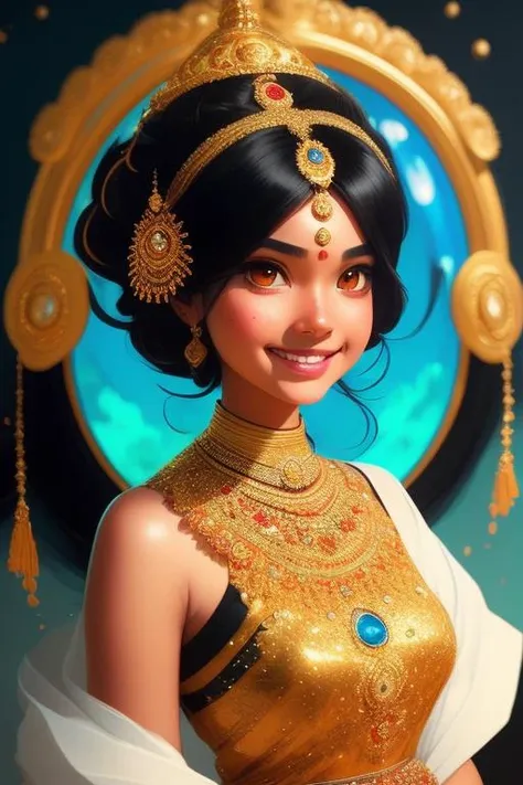 fullbody portrait of beautiful woman in indian dress with golden eyes, calm smile, black hair looking into the camera, perfect eyes, perfect round ruby placed perfectly between eyebrows, magic from planet in the background 3d render Pixar stylemodel made of Hiroaki Takahashi art ultra perfect composition 3d liquid detailing fluid acrylic by Greg Tocchini, James Gilleard, Joe Fenton Kaethe, Butcher Bosch, Dan Mumford, Kandinsky art style [collage] [splatter] [streak] [crop] [cut]