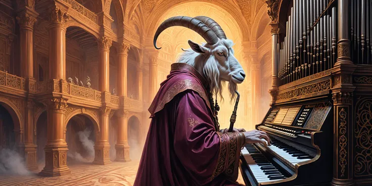 Pastel painting of distance view A (sabbatic goat priest) (from behind:1.4) (playing an ancient ornate pipe organ in a massive empty ballroom:1.3) (Hands on the keyboard of the orgad)<lora:Arcpastel:1>