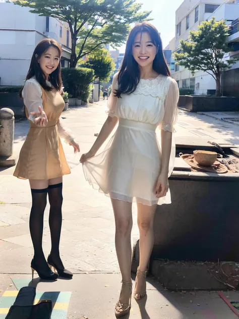 PBYoung, wearing a white dress and black stockings, standing on a city street, smiling, detailed face, (8k, RAW photo, best quality, masterpiece:1.2), (realistic, photo-realistic:1.37), professional lighting, photon mapping, radiosity, physically-based rendering, 1girl <lora:PBYoungtest:1>