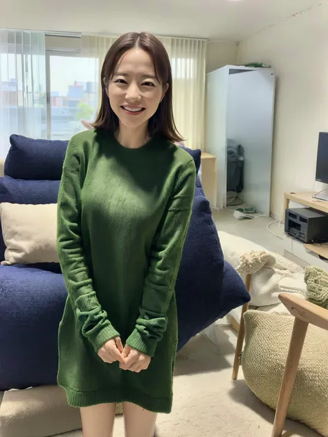 PBYoung, wearing a green sweater, standing in a living room, smiling, detailed face, (8k, RAW photo, best quality, masterpiece:1.2), (realistic, photo-realistic:1.37), professional lighting, photon mapping, radiosity, physically-based rendering, 1girl <lora:PBYoungtest:1>