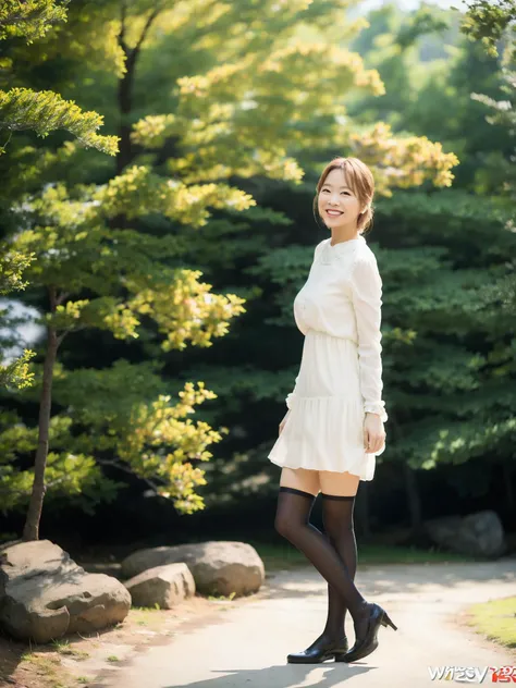 PBYoung, wearing a white dress and black stockings, standing in a forrest, smiling, detailed face, (8k, RAW photo, best quality, masterpiece:1.2), (realistic, photo-realistic:1.37), professional lighting, photon mapping, radiosity, physically-based rendering, 1girl <lora:PBYoungtest:1>
