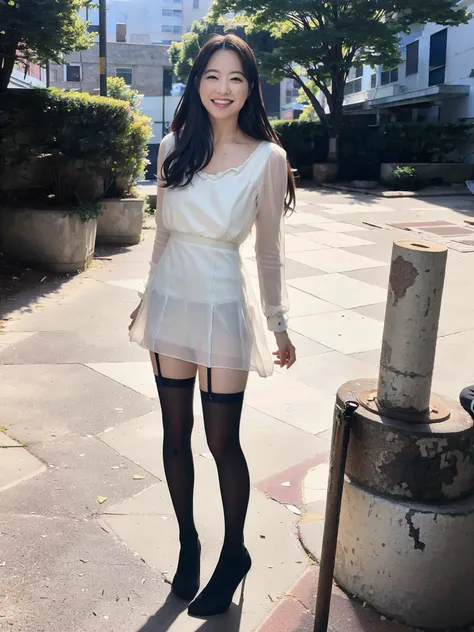 PBYoung, wearing a white dress and (black stockings:1.2), standing on a city street, smiling, detailed face, (8k, RAW photo, best quality, masterpiece:1.2), (realistic, photo-realistic:1.37), professional lighting, photon mapping, radiosity, physically-based rendering, 1girl <lora:PBYoungtest:1>