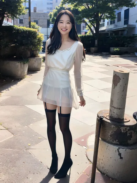 PBYoung, wearing a white dress and (black stockings:1.2), standing on a city street, smiling, detailed face, (8k, RAW photo, best quality, masterpiece:1.2), (realistic, photo-realistic:1.37), professional lighting, photon mapping, radiosity, physically-based rendering, 1girl <lora:PBYoungtest:1>