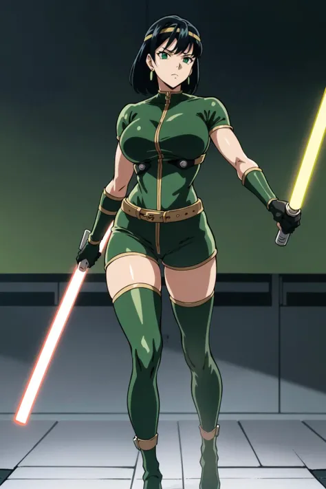 <lora:OGT_B_Orchid-v2:0.8> B Orchid, 1girl, solo, headband, black hair, green bodysuit, green thighhighs, thighhighs, earrings, gloves, bodysuit, jewelry, upper body, holding, holding weapon, lightsabers, dual wielding, standing, mature woman, (shonen anime style, masterpiece, Best Quality, Extremely Detailed, Ultra Quality, 4k)
