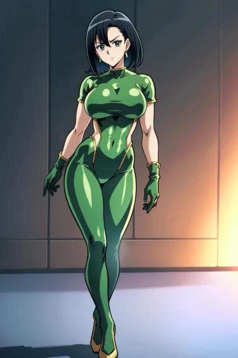 Girl, NSFW, green hair, big breasts, medium thighs, full body skin tight suit 