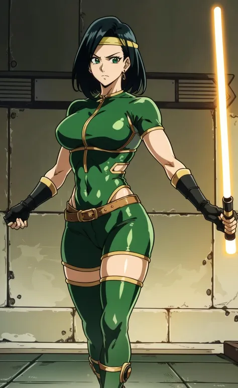 <lora:OGT_B_Orchid-v2:0.9> B Orchid, 1girl, solo, headband, black hair, green bodysuit, green thighhighs, thighhighs, earrings, gloves, bodysuit, jewelry, upper body, holding, holding weapon, lightsabers, dual wielding, standing, mature woman, (shonen anime style, masterpiece, Best Quality, Extremely Detailed, Ultra Quality, 4k)