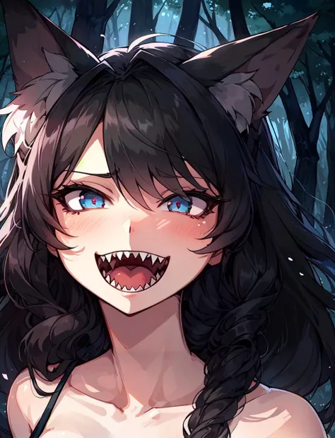 closeup shot of a girl with open month, sharp teeth, long black curly hair, fox ears in dark forest, detailed eyes