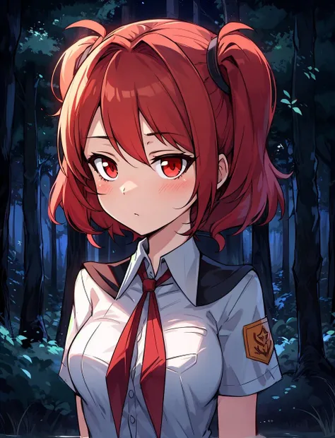 portrait shot of a red head girl with pioneer uniform and red tie in dark forest at night