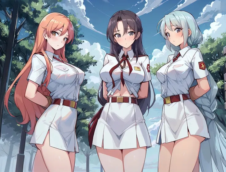 4 girls, many girls, stand side by side, pioneers, in pioneer uniforms, with a red tie, Slavs, against the background of trees and a cloudy sky, in the Soviet Union, (hands behind back:1.2)