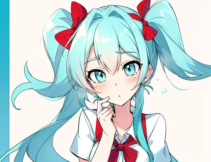 a girl with cyan hair and a red bow, pioneer uniform with red tie