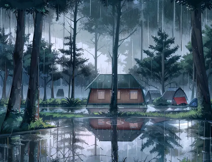 heavy rain, a small pond in the middle of a forest, rain, evening, puddles, houses around, rain, trees around houses, camp