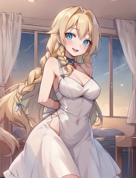 pioneer girl, Slavic, evening dress, long blonde braid, blue eyes, smiling, open mouth, in room, hands behind back