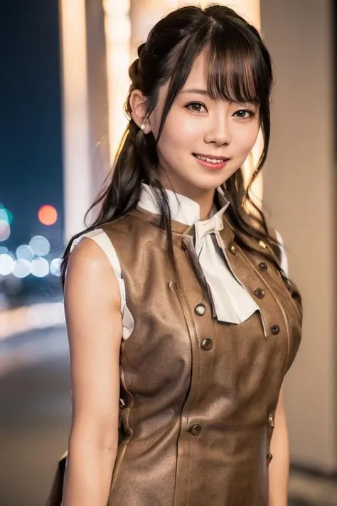 1girl, (wearing a sleeveless dress:1.8),(RAW photo, best quality), (realistic, photo-realistic:1.4), masterpiece, an extremely delicate and beautiful, extremely detailed, 2k wallpaper, Amazing, finely detail, extremely detailed CG unity 8k wallpaper, ultra-detailed, highres, soft light, beautiful detailed girl, extremely detailed eyes and face, beautiful detailed nose, beautiful detailed eyes,cinematic lighting,(in the downtown area at night:1.8),perfect anatomy,(slender body:2.0),smiling,(close up:2.2),(look at viewer),(front view:2.0),cinematic angle,(cleavage:1.8),(wavy hair), (brown eyes:1.8),(standing:2.0), <lora:shiinasatsuki_lora-02:0.8>