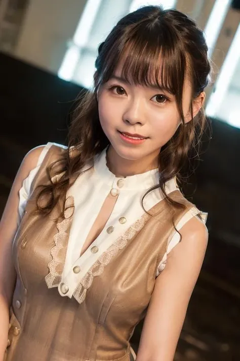 1girl, (wearing a sleeveless dress:1.8),(RAW photo, best quality), (realistic, photo-realistic:1.4), masterpiece, an extremely delicate and beautiful, extremely detailed, 2k wallpaper, Amazing, finely detail, extremely detailed CG unity 8k wallpaper, ultra-detailed, highres, soft light, beautiful detailed girl, extremely detailed eyes and face, beautiful detailed nose, beautiful detailed eyes,cinematic lighting,(in the downtown area at night:1.8),perfect anatomy,(slender body:2.0),smiling,(close up:2.2),(look at viewer),(front view:2.0),cinematic angle,(cleavage:1.8),(wavy hair), (brown eyes:1.8),(standing:2.0),  <lora:shiinasatsuki_lora-02:0.8>