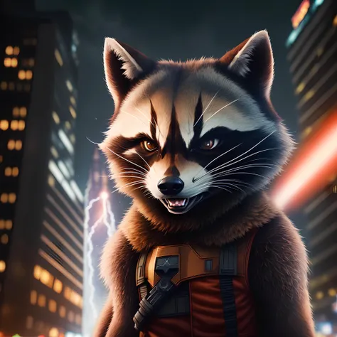 Angry,mad,fierce, Rocket Raccoon portrait In a bustling metropolis night ,hi detail, 8k, hdr