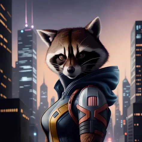 female version of Rocket Raccoon portrait In a bustling metropolis night ,hi detail, 8k, hdr