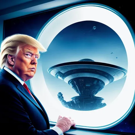 donald trump drom the side in an alien space ship looking at the window