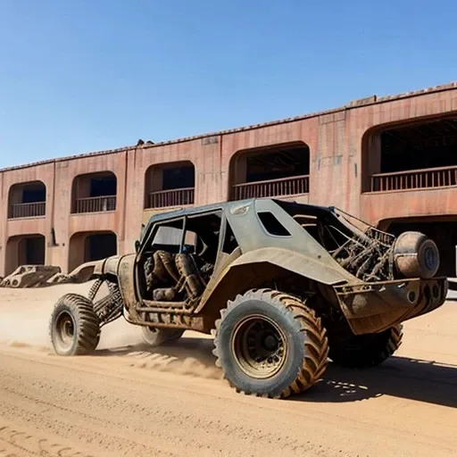 <photo (MAD MAX fury road style) mazda 6 (2018)>, (off-road tires), (with big rear tractor whels), and (1 woman) in black leather jacket, in front of destroyed factory,