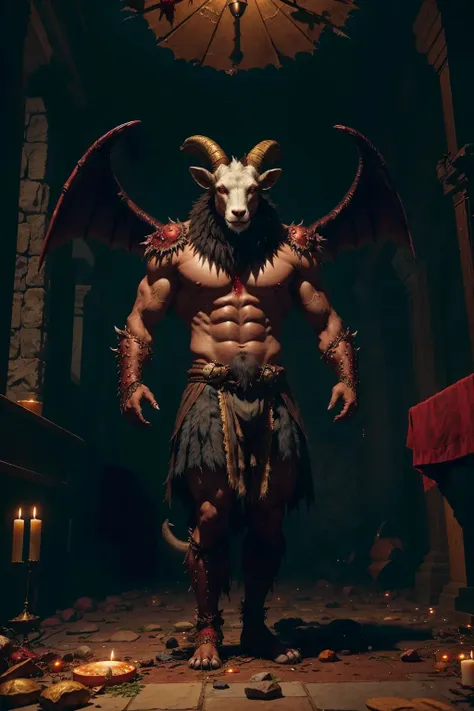 a goat headed demon with big horns, strong beefy upper body, demon skins,  furs, ((claws, wings)),  demonic armor, blood splatters,  skulls on the floor, standing on  a blood ritual , medieval,  dark room, dim light,
 masterpiece, realistic, oil painting
<lora:epiNoiseoffset_v2:1> <lora:aToZovyaRPGArtists_v2Art:0.5>