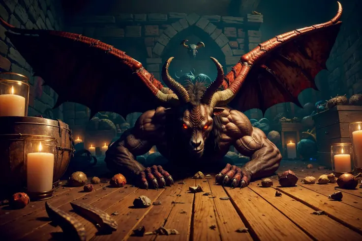 a goat headed demon with big horns, strong beefy upper body, blood body paints,  furs, ((claws, wings)),  demonic armor, blood splatters,  skulls on the floor, demonic ritual , medieval,  dark room, dim light,
 masterpiece, realistic, oil painting
<lora:epiNoiseoffset_v2:1> <lora:aToZovyaRPGArtists_v2Art:0.5>