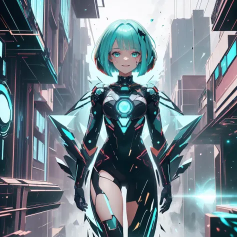 <lora:NodesTech-20:0.8> NodesTech, data-space, holographic,scifi , <lora:FragRealityTech-20:0.5> fragrealitytech , shattered warped reality,<lora:UltraBlackholeTech-20:0.4> ulblackholetech, excessive energy,
seductive smile, best quality, bob cut, red eyes, green hair,multicolored hair, aqua hair, 1girl, standing in an alleyway , full body, glowing eyes,