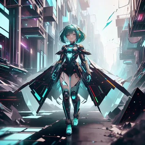 <lora:NodesTech-20:0.8> NodesTech, data-space, holographic,scifi , <lora:FragRealityTech-20:0.5> fragrealitytech , shattered warped reality,<lora:UltraBlackholeTech-20:0.4> ulblackholetech, excessive energy,
seductive smile, best quality, bob cut, red eyes, green hair,multicolored hair, aqua hair, 1girl, standing in an alleyway , full body, glowing eyes,
