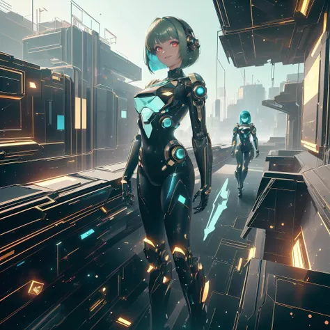 <lora:NodesTech-20:0.8> NodesTech, data-space, holographic, <lora:LuxTech-20:0.6> luxtech, scifi, luxurious, gold, cyberpunk,   <lora:GemTech-22:0.4> gemtech, 
,closeup, seductive smile, best quality, bob cut, red eyes, green hair,multicolored hair, aqua hair, 1girl, standing in an alleyway , full body, glowing eyes,