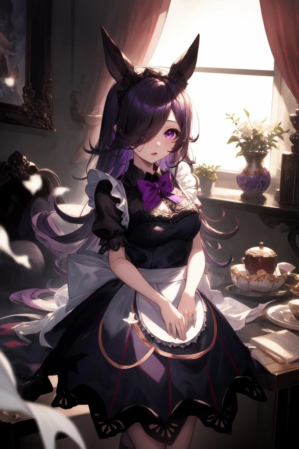 1girl, r1ce sh0wer, purple eyes, hair over one eye, maid, <lora:Rice Shower_40794:0.8>, <lora:GBF_Splash:1>, splash art