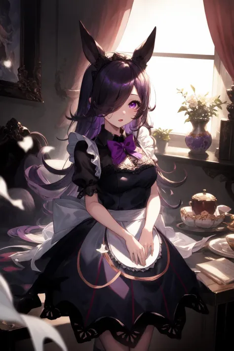 1girl, r1ce sh0wer,  purple eyes, hair over one eye, maid, <lora:Rice Shower_40794:0.8>, <lora:GBF_Splash:1>, splash art