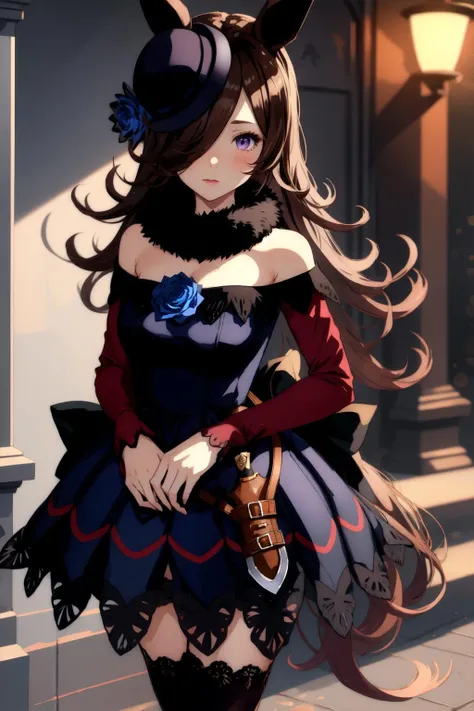 1girl, r1ce sh0wer, hair over one eye, fur collar, brown thighhighs, hat flower, blue dress, black footwear, sheath, weapon, <lora:Rice Shower_40794:1>