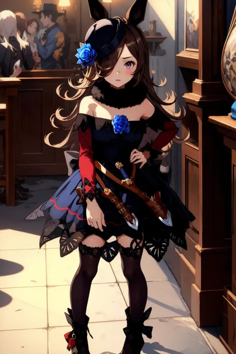 1girl, r1ce sh0wer, hair over one eye, fur collar, brown thighhighs, hat flower, blue dress, black footwear, sheath, weapon, <lora:Rice Shower_40794:1>