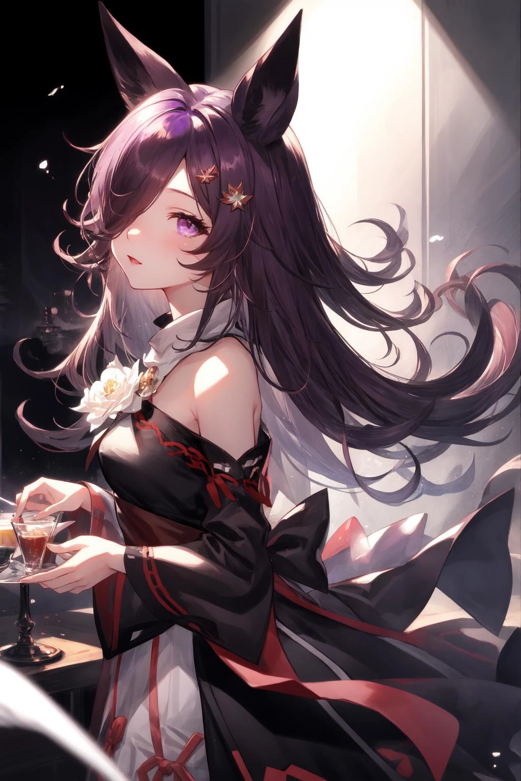1girl, r1ce sh0wer, purple eyes, hair over one eye, miko, <lora:Rice Shower_40794:0.8>, <lora:GBF_Splash:1>, splash art