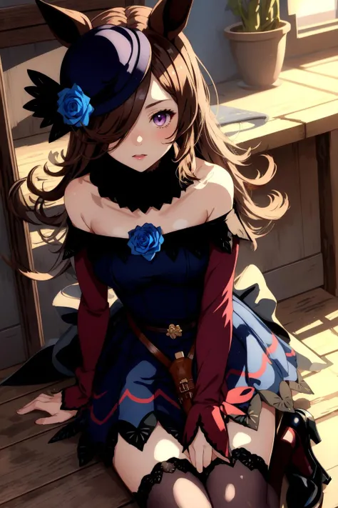 1girl, r1ce sh0wer, hair over one eye, fur collar, brown thighhighs, hat flower, blue dress, black footwear, sheath, weapon, <lora:Rice Shower_40794:1>