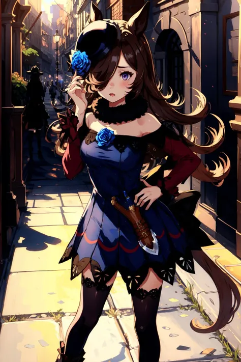 1girl, r1ce sh0wer, hair over one eye, fur collar, brown thighhighs, hat flower, blue dress, black footwear, sheath, weapon, <lora:Rice Shower_40794:1>