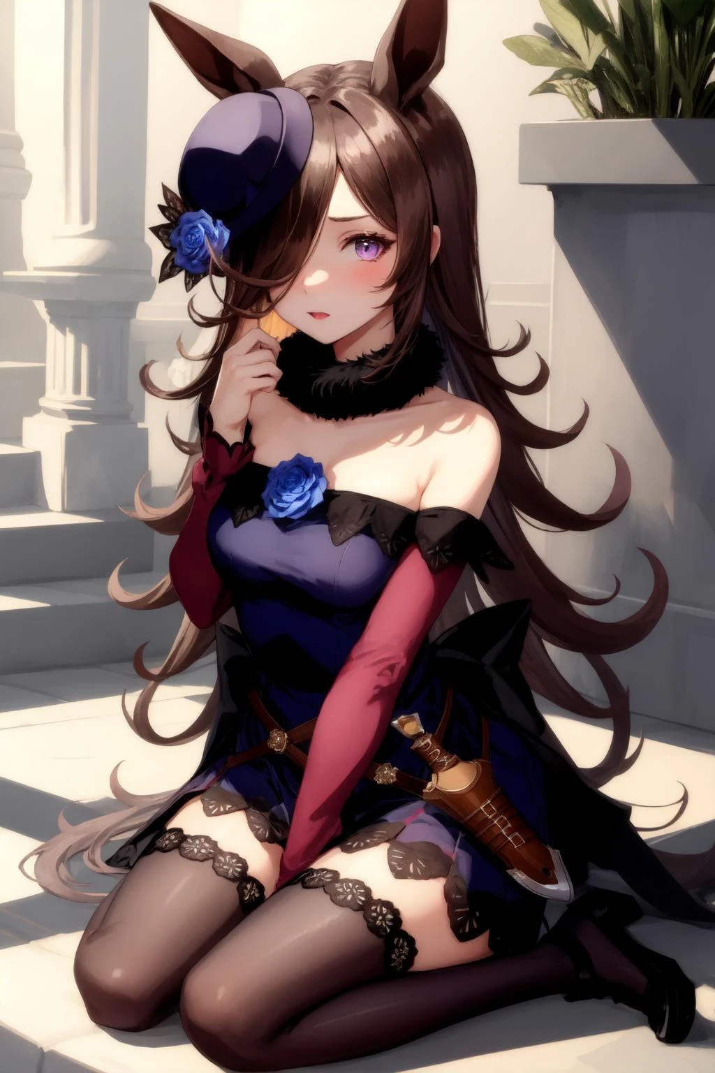 1girl, r1ce sh0wer, hair over one eye, fur collar, brown thighhighs, hat flower, blue dress, black footwear, sheath, weapon, <lora:Rice Shower_40794:1>