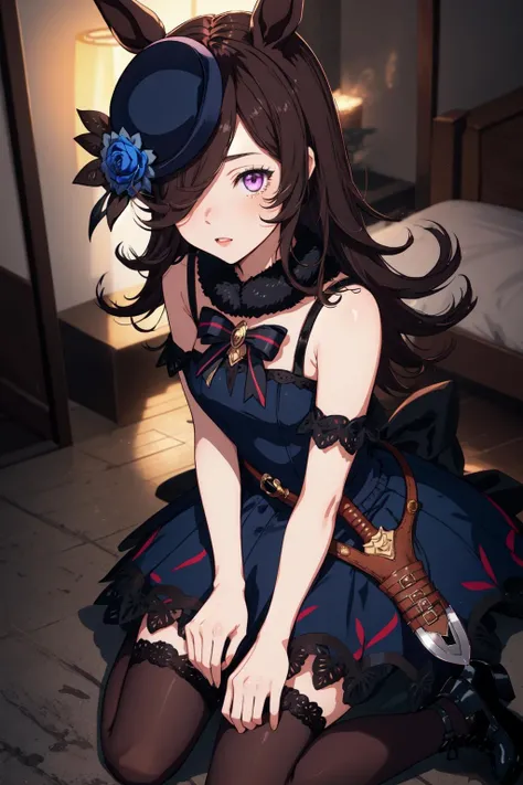 1girl, r1cesh0wer, lying on the bed, on back, anguish, fur collar, horse tail, horse girl, purple eyes, sheath, weapon, hair over one eye, sheat, brown thighhighs, hat flower, flaming eye, blue dress, barefoot, night