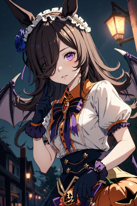 1girl, r1cesh0werh, hair over one eye, purple eyes, horse girl, horse tail, halloween costume, puffy short sleeves, white shirt, bowtie, layered skirt, black gloves, frilled hairband, bat wings, hair flower, brooch, blue rose, <lora:RiceShowerMulti-000024:1>, night
