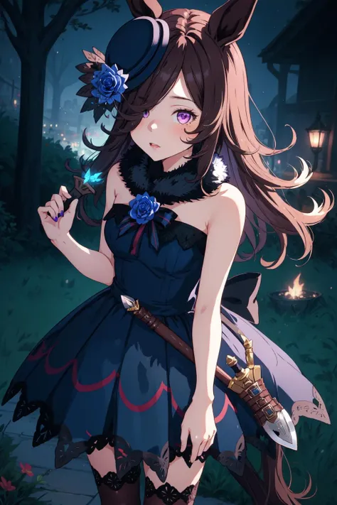 masterpiece, Highest quality, High resolution, Very detailed,(((Rice Shower))), (((Purple Lingerie)))、(((blue flower)))、(((smile)))、(((Fluttering in the wind)))、(((Night Sky)))、(((meteor)))、(((Beautiful Eyes)))