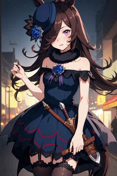1girl, r1cesh0wer, fur collar, horse tail, horse girl, purple eyes, sheath, weapon, hair over one eye, sheat, brown thighhighs, hat flower, flaming eye, blue dress, black footwear, <lora:RiceShowerMulti-000024:1>, night
