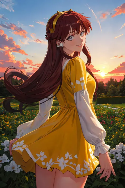 (masterpiece, best quality), outdoors, sunset, garden, cowboy shot, 1girl, solo, DitaLiebely, hair tubes, <lora:DitaLiebely_V1-Manityro-dadapt:1>, toned, looking at viewer, smile, parted lips, hairband, yellow sundress, from behind, looking back