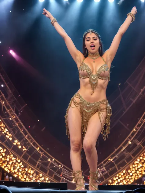 candid, RAW photo, FanDan, from behind, extreme low angle, gold, chain, chains, belt, dress, coins, headpiece, ass, necklace, beads, costume, bracelet, (sexy pakistani woman, whole body, full body, cleavage, head, torso, legs, feet, onstage, standing, legs open, (thighs spread:1.3)), on stage, (microphone:1.1), (singing into microphone:1.1), lights, spotlight, stage performance, energetic, intense, epic, center of attention, singing, open mouth, concert arena, london, 8k uhd, dslr, soft lighting, high quality, film grain, Fujifilm XT3, lr <lora:FantasyDancer:0.7> <lora:1662101705165875870:0.3> <lora:Smol2:0.7> smol2, <lora:EnhancedDetail:1>