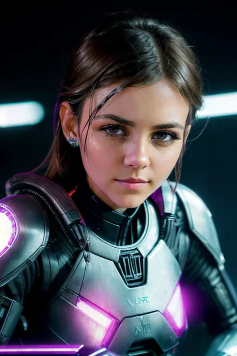 up close photo of victoriaJu1 , ((best quality)), ((masterpiece)), (detailed), Midjourney Style, close-up, woman, robot, red eyes, concept art, inspired by Marek Okon, digital art, Crysis Nanosuit, futuristic, (glowing elements:1.1), 4:3 aspect ratio, dynamic duo