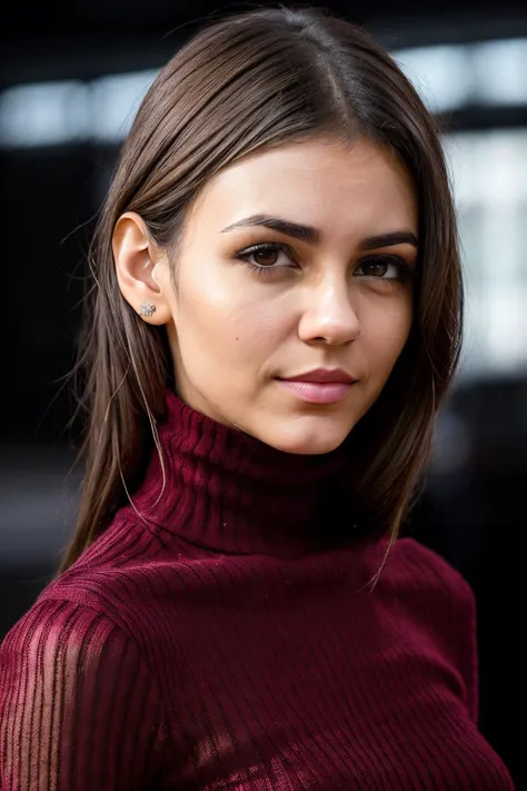 A close up of a woman wearing a turtle neck sweater - SeaArt AI